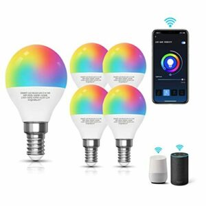 Aigostar 5 pack Bombilla LED inteligente WiFi G45， 5W， 350lm， E14 rosca delgada， RGB+CCT. Regulable multicolor + luz cálida o blanca 3000 a 6500K， Compatible Alexa y Google Home