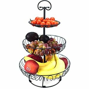 Cesta de Frutas Metal - Fruteros de Cocina Modernos Gran Capacidad de 3 Niveles - Soporte para Frutas / Tazones de Fruta - Negro 30 x 45 cm