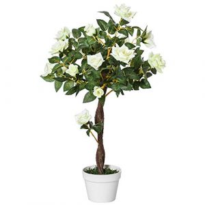 Outsunny Planta Artificial de 90 cm Rosa Blanca Realista con 21 Flores y 350 Hojas Maceta de Cemento Incluida para Interior y Exterior Verde