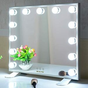 BEAUTME Espejo de tocador con luces, espejo de mesa iluminado grande con 13 bombillas regulables, espejo de maquillaje de iluminación montado en la pared con luces (plata)