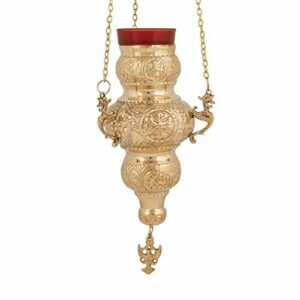 IconsGr Lámpara de Aceite de Bronce Suspender ortodoxo Culto Cristiano Copa Griega con vigilia Vela roja 409b