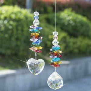 H&D HYALINE & DORA Atrapasueños de cristal colgante con colgante de prisma de corazón y bola de prisma de cristal y cuentas de color chakra, para decoración de ventanas, paquete de 2