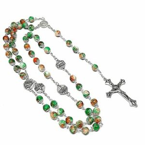 DELL'ARTE Artículos religiosos, rosario de cristal de 8 mm, imitación de mármol con las cuatro albahacas romanas, con caja para rosario
