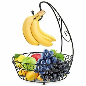 Frutero con gancho para plátanos, frutero de metal con soporte para plátanos, frutas, aperitivos, caramelos, plato, decoración para el hogar, cocina, almacén, color negro
