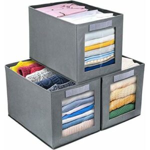 DIMJ Cajas de almacenaje Plegable, Conjunto de 3 Cajas Organizadoras Tela, Cubos de Almacenamiento con Ventana Transparente, Organizadores de Contenedore para Ropa Juguetes Libros (Gris)