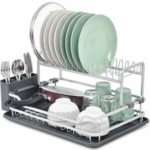 KINGRACK Escurridor de platos de aluminio de 2 niveles, instalación gratuita, estante de platos plegable para secar platos con bandeja de goteo y soporte para cubiertos para el hogar y la cocina