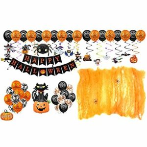 Fontee® 60 piezas halloween decoracion accesorios, Happy Halloween globos, pancarta, araña, murciélago, bruja, calabaza fantasma, para barra de Halloween, suministros de decoración para el hogar