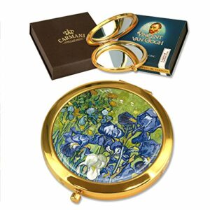 Carmani - Bolsillo de oro plateado bronce, compacto, viajes, Espejo decorado con pintura de Van Gogh 'Irises'