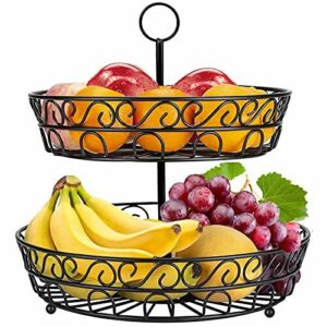 Frutero de 2 Pisos, Cesta de Frutas de Metal para Frutas Verduras Bocadillos - 30 x 30cm, Negro