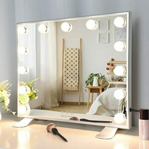 Espejo con Luz, Espejo de Maquillaje Hollywood con Bombilla LED, Modo de Luz Tricolor, Espejo de Maquillaje Profesional con Interruptor Táctil y Brillo Ajustable (50x42cm)