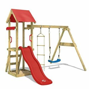 WICKEY Parque infantil de madera TinyCabin con columpio y tobogán rojo, Torre de escalada de exterior con arenero y escalera para niños