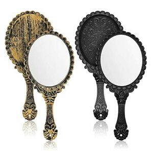 2 Piezas Espejo de Mano, Espejo de Tocador de Una Cara Espejo de Maquillaje con Mango de Patrón Retro Mini Espejo Ovalado Vintage Herramienta de Maquillaje para Mujeres Niñas
