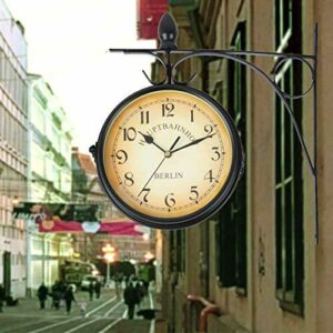 Samger Reloj Grande Pared Doble Cara 21.5cm Reloj de Jardin Relogio de Parede con Soporte, Estilo Vintage, De Pilas, New York, Reloj Estacion de Tren Grande Negro