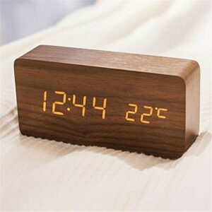 Queta LED Reloj Despertador Reloj de Madera Reloj Digital Despertador Oficina Fecha Temperatura Pantalla Humedad 12/24 Horas (marrón)