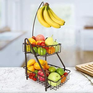 Frutero con soporte para plátanos de 2 pisos, acero inoxidable, moderno, de pie, de metal, para camping, frutas para la cocina (bronce)