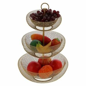Wakects Frutero de 3 pisos, frutero soporte para fruta de metal, porta pan y verduras, frutero soporte decorativo dorado 30 x 46 cm