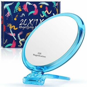 Espejo de Aumento de 20 x / 1 Espejo de Aumento de Doble Cara con Soporte, Espejo de Mano ampliado para Maquillaje, eliminación de Puntos Negros/Comedones (5 Pulgadas, 20 X/1X, Azul)