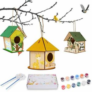 Ulikey Kit de Casa de Pájaros de Bricolaje, 3pcs Casa Pájaros Pintar de madera Bricolaje, Casa de Pájaros Madera Manualidades Casa de Pájaros con Herramientas de Pintar Kit para Niños