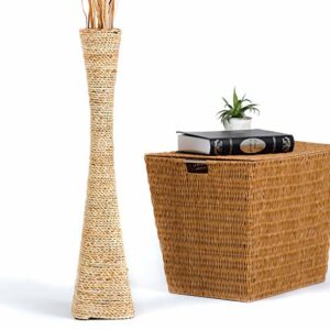 LEEWADEE jarrón Grande para el Suelo – Florero Alto y Hecho a Mano de bambú y Rafia, Recipiente de pie para Ramas Decorativas, 75 cm, Color Natural