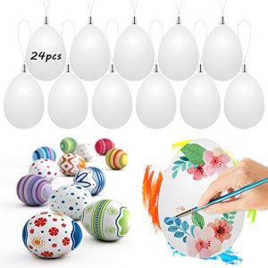 Wishstar Huevos de Pascua, 24 Piezas Huevos de Pascua para Pintar, Huevos de Plastico Blancos Decorativos, Huevos Colgantes con Cuerda, Manualidades de Pascua, para Colgar para Decoración y Regalo