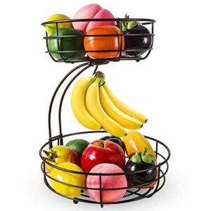 Frutero de 2 pisos con soporte para plátanos, cesta de frutas de metal, de pie para uso diario, para cocina, almacenamiento de fruta, color bronce