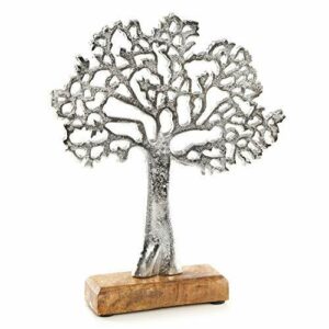 Logbuch-Verlag Figura de árbol de la vida de metal y madera, 27 cm, plata, escultura de árbol para colocar de pie, decoración para regalo