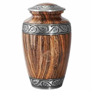 Hind Handicrafts Urna de cremación grabada en plata floral para cenizas humanas, adultos – urna de cenizas funerarias hecha a mano – Urna grande de columbario – bolsa incluida (madera marrón)