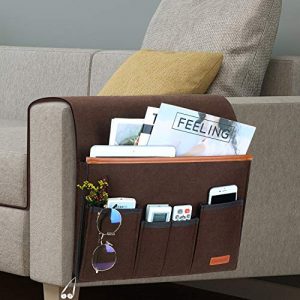 Organizador de sofá, soporte para mando a distancia de TV, bolsa de almacenamiento para reposabrazos de sofá antideslizante con 5 bolsillos(Marrón)