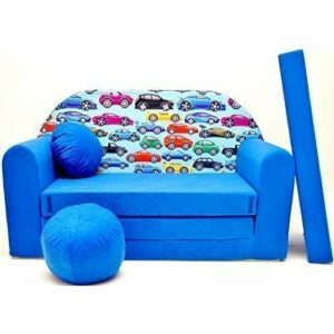 Pro Cosmo Juego de sofá Infantil 3 en 1 + Taburete Acolchado y cojín C21 sofá Cama para niños Azul 168 x 98 x 60 cm