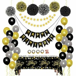 Cumpleaños Decoraciones Pack de Artículos para Fiestas - Negro Oro Globos Kit Paquetes HAPPY BIRTHDAY Pancartas Mantel Desechable para Hombre Mujer Niño 21th 30th 40th 50th 60th Birthday Decorations