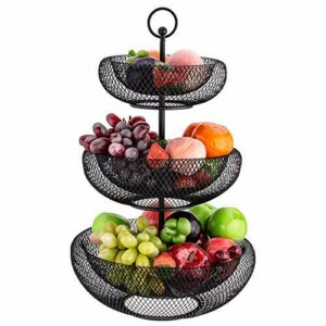 Hengu Frutero de Cocina, 3 Pisos Cesta de Frutas de Metal, para Pan Verduras Frutas Aperitivos, Negro