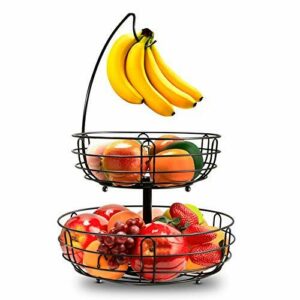 Frutero de 2 pisos de alambre de metal con soporte para plátanos, frutero contemporáneo, cesta para verduras, cesta de pie para almacenamiento diario en la cocina, color negro