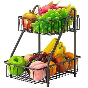 Estante de frutas Frutero de 2 Pisos Cesta de Frutas metálica para mostrador y Organizador Cocina Cesta Bronce