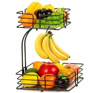 Frutero cuadrado de 2 pisos con soporte para plátanos, moderno frutero de alambre de metal, de pie para uso diario, para cocina, almacenamiento de frutas, verduras, color negro