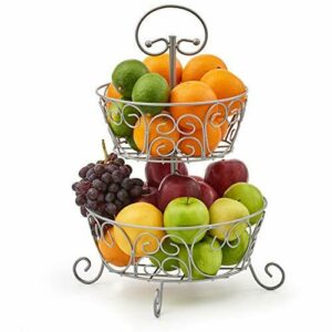 EZOWare Frutero de 2 Pisos Redondo, Organizador de Encimeras Metal Decorativo para Frutas, Verduras, Bocadillos, Artículos para el Hogar - Plata