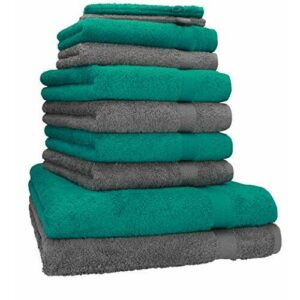 Betz Juego de toallas de 10 piezas 2 toallas de baño 4 toallas de mano 2 toallas para invitados 2 manoplas de baño 100% algodón toalla ducha baño mano PREMIUM de color gris antracita y verde esmeralda