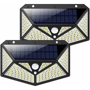 Luz Solar Exterior 150 LED, kilponen [Versión Innovadora 2200mAh] Foco Solar Potente con Sensor de Movimiento y 3 Modos de Iluminación Lámpara Solar Exterior Impermeable Luces Solares Jardín 2-Paquete