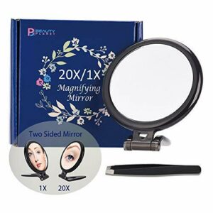 Espejo de Mano, 10 cm, Espejo de Dos Caras, Aumento de 20X/1X, Espejo de Maquillaje Plegable con Mano/Soporte, Uso para aplicación de Maquillaje, (Negro)