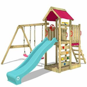 WICKEY Parque infantil de madera MultiFlyer con columpio y tobogán turquesa, Torre de escalada de exterior con arenero y escalera para niños