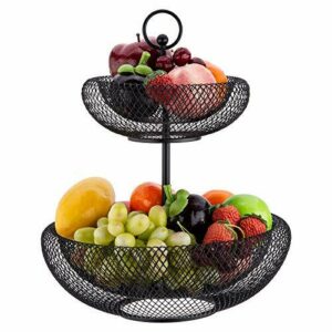 Hengu Frutero de Cocina, 2 Pisos Cesta de Frutas de Metal, para Pan Verduras Frutas Aperitivos, Negro