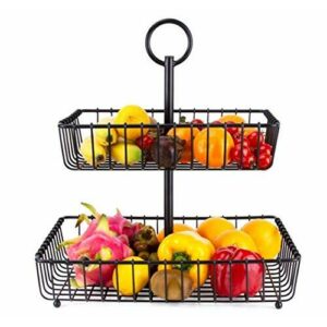 Cratone Doble capa Canasta de frutas Metal Almacenamiento de cocina Retirable Puesto de frutas Frutero de 2 niveles para mostrador y Organizador Cocina, Verduras y Frutas Negro
