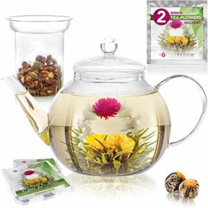 Tetera de cristal de Teabloom & Juego de infusor de vidrio - da para 6-8 tazas - es la mejor opción para hojas de té sueltas o té floreciente – se incluyen 2 flores de té (tetera de 1200 ml)