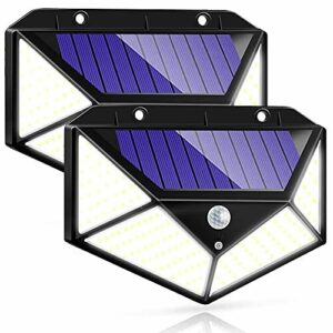 Luz Solar Exterior IOTSES 2 Unidades 100LED 2200mAh 3 Modos con Sensor de movimiento 270ºde Cuatro Lados Foco IP65 Impermeable para Jardín, Garaje, Calle, Patio, Terraza etc. (2 Unidad)