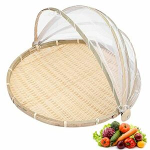 cesta de mimbre a prueba de polvo redonda HUIJUAN Cesta de frutas y verduras hecha a mano de tejido de bambú con mosquitera almacenamiento de alimentos 
