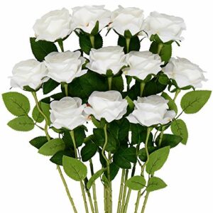 Mocoosy 12 flores artificiales de rosas blancas, rosas de seda con tallo largo,flores blancas artificiales Ramo de rosas falsas para bodas despedidas de soltera hogar jardín centros de mesa decoración