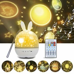 Lámpara Proyector Estrellas, Proyector Bebe Luz de noche Regulable con control remoto IR ,Conejos 360° Rotación Músic Lampara para regalo de cumpleaños