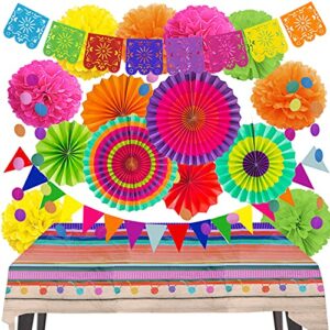 ZERODECO Juego de decoraciones para fiestas – Banderas mexicanas y cubierta de mesa, abanico de papel Fiesta y pompones, guirnaldas de cuerda y banderines para cumpleaños mexicano Cinco De Mayo