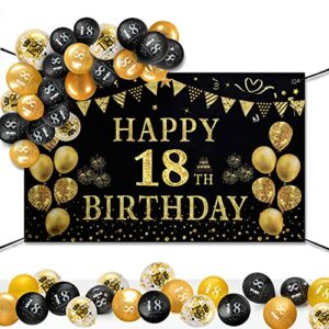 GuKKK 18 Años Decoración de Fiesta de Cumpleaños de Oro Negro, 18 Pancarta Feliz Cumpleaños, 15 Pcs Globos de Cumpleaños, Fondo Foto Cumpleaños, Póster de Tela Cartel Extra Grande para Niños Niñas