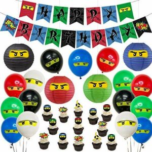 Decoración de fiesta de cumpleaños de Ninja Banner de feliz cumpleaños de Ninja 24 adornos para cupcakes Ninja pegatinas para niños Ninja Warrior cumpleaños temático