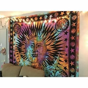 THE ART BOX Tapiz de mandala con diseño psicodélico de arcoíris, diseño de luna, con diseño de mandala hippie, hippie, hippie y celestial, para colgar en la pared, tapices indios y bohemios